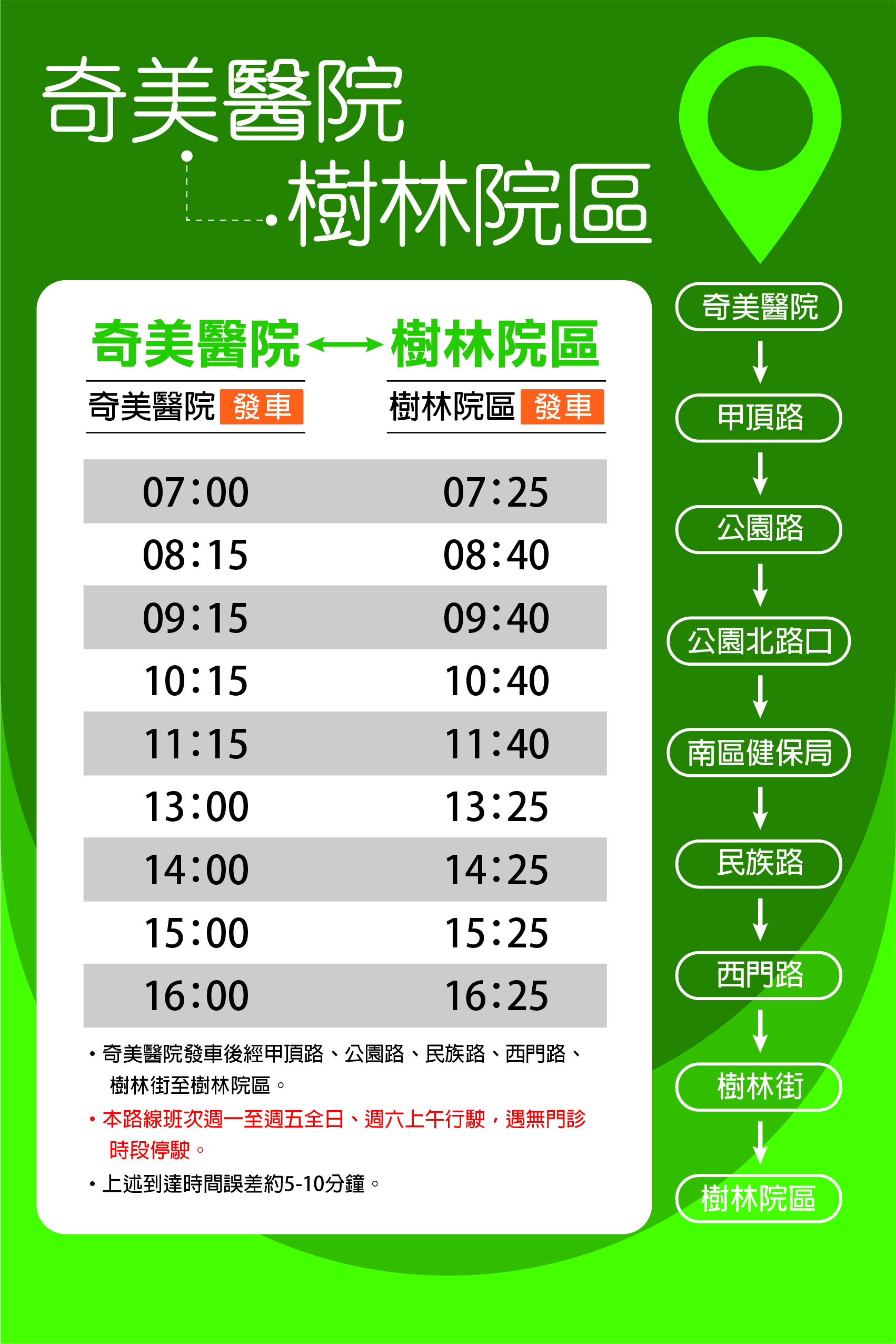奇美醫院往返樹林院區(交通車時刻表)